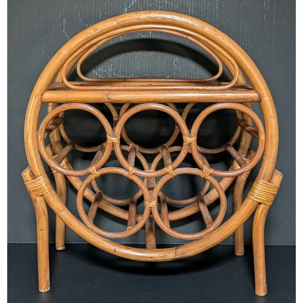 Vintage Bent-Rattan/Bamboo Six Bottle Tabletop Wine Rack With Shelf for Glasses